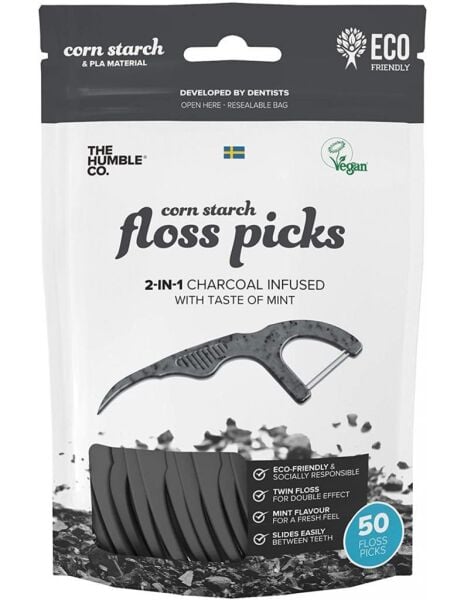 Humble Brush Floss Picks Charcoal 50 Adet | Kürdanlı Diş İpi Kömür Etkisi Nane Tadı